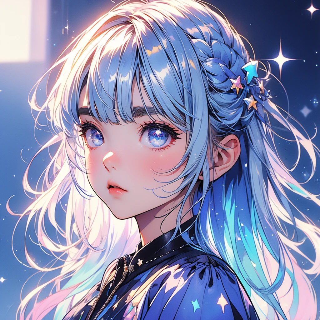 Picture Frame、Star Fairy、glow hair 、Vtuber half、Bangs shorter than eyebrows Aster Piece、highest quality、Best illustration、Super fine、Upper Body、solo、1 girl、looking at the camera、upright、Arms at your sides、Beautiful delicate eyes、Concept Art、More frontal、White background、Simple Background、Droopy and large eyes、Ultra-fine mesh、Sparkling Eye Silky White and Blue Gradient Long Hair、Short sleeve、Watercolor pencil、Kind Face、Virtual YouTuber、glow hair