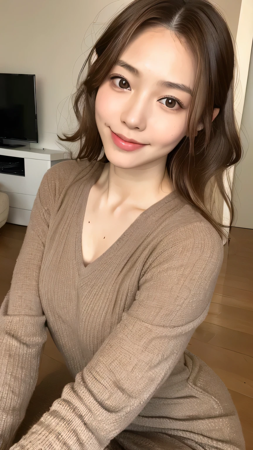 ((highest quality, 8k, masterpiece: 1.3)), 1 female, Japanese Mature,Sensual beauty: 1.3, (Hair style Brown hair Medium wave, big: 1.2), Relaxed loungewear: 1.1, Super slender face, Delicate eyes, double eyelid, Dimples,Mole, Home,smile,Plump body,very thick legs,