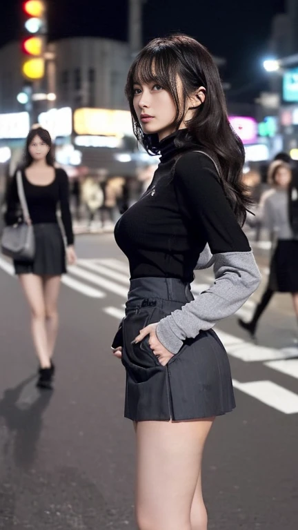Young Japanese Woman、(Slender women、slender),(Long Hair,Light Wave、curl),Beauty、cute、(Grey long sleeve,A tight fitting long T-shirt、tight long t-shirt:1.3),(A skirt made of thin fabric、Floundering skirt、Short skirt、Loose mini skirt、Black Skirt:1.4),(Accentuate your buttocks、A skirt that accentuates the hip line:1.5),(Slightly larger breasts、The unevenness of the body is noticeable:1.3)、(Black shoes、Heel)、midnight、Late Night、bustling street、In front of the station、crowd、crowd、(Walking、Shooting from the side:1.2)、Have a shoulder bag