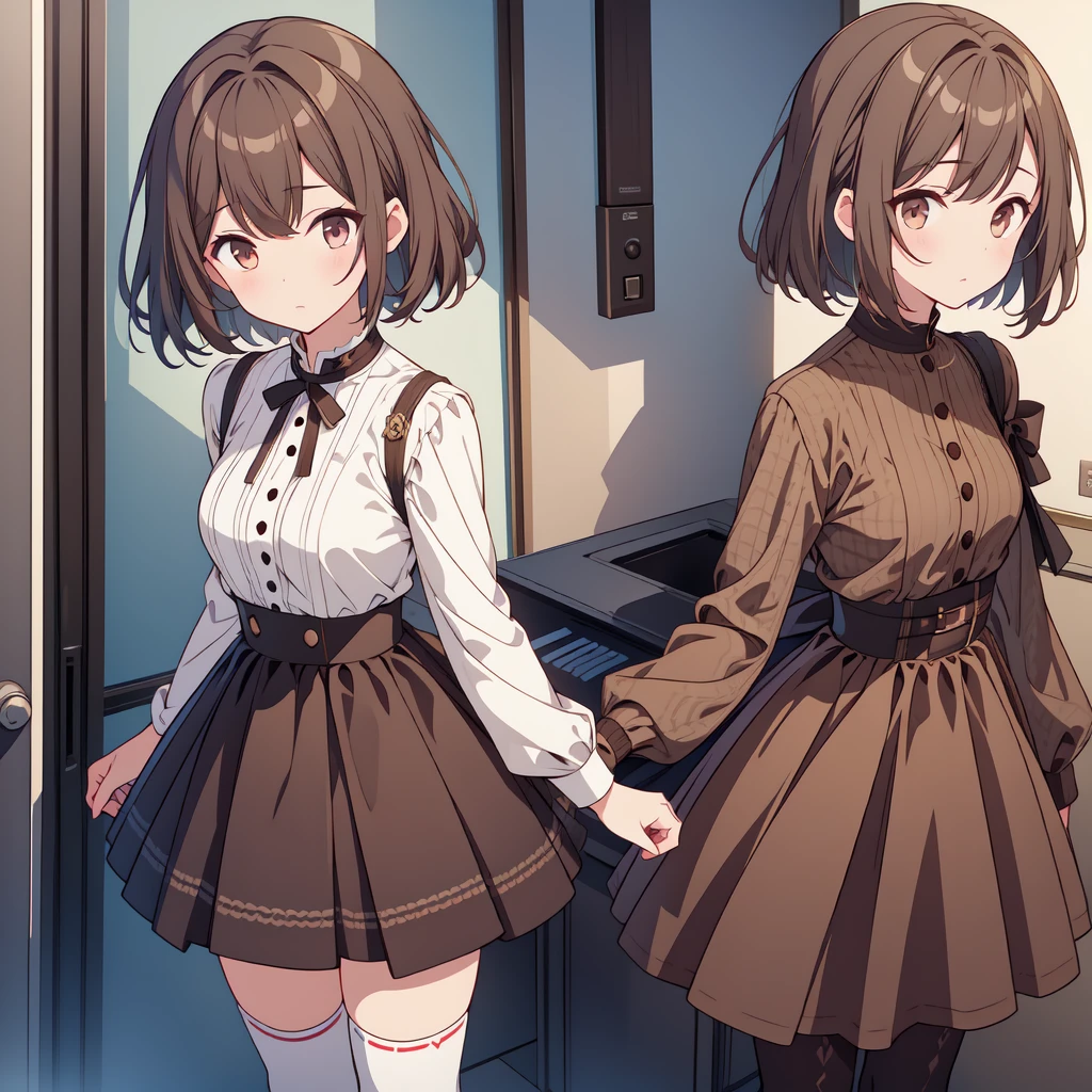 best-quality、extremely delicate and beautiful、(One person)、girly、girly、11 years old、(Dark hair)、Gray clothes with vertical buttons、Belt at waist、Gray skirt、((a ponytail))、(red hairband)、(Brown boots)、Red eyes、Standing、smilling face、