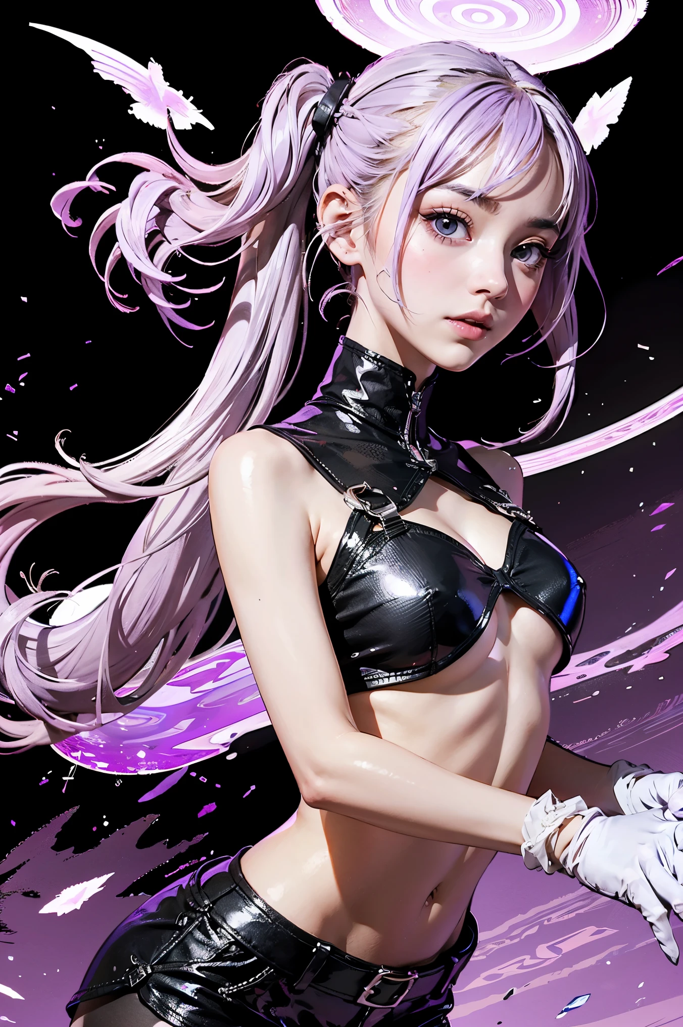 Best Quality, Ultra High Resolution, Cute, (KPOP Idol), (Long Twintail), (Light Purple Hair:1), ((Big Eyes)), Looking at you, BREAK ((upper body:1.3)), Front View,A character with long, flowing silver hair and a slender build, wearing a black and white outfit that includes thigh-high boots and gloves. The character is in a dynamic pose surrounded by ethereal purple crystals and energy, The character is in a dynamic pose surrounded by ethereal purple crystals and energy,A character with long, flowing purple hair, wearing a metallic top and black shorts with thigh-high boots. The outfit includes straps and belts, giving it a futuristic or fantasy style. The character is in a dynamic pose with radiant light or energy surrounding them, set against a minimalistic abstract background,