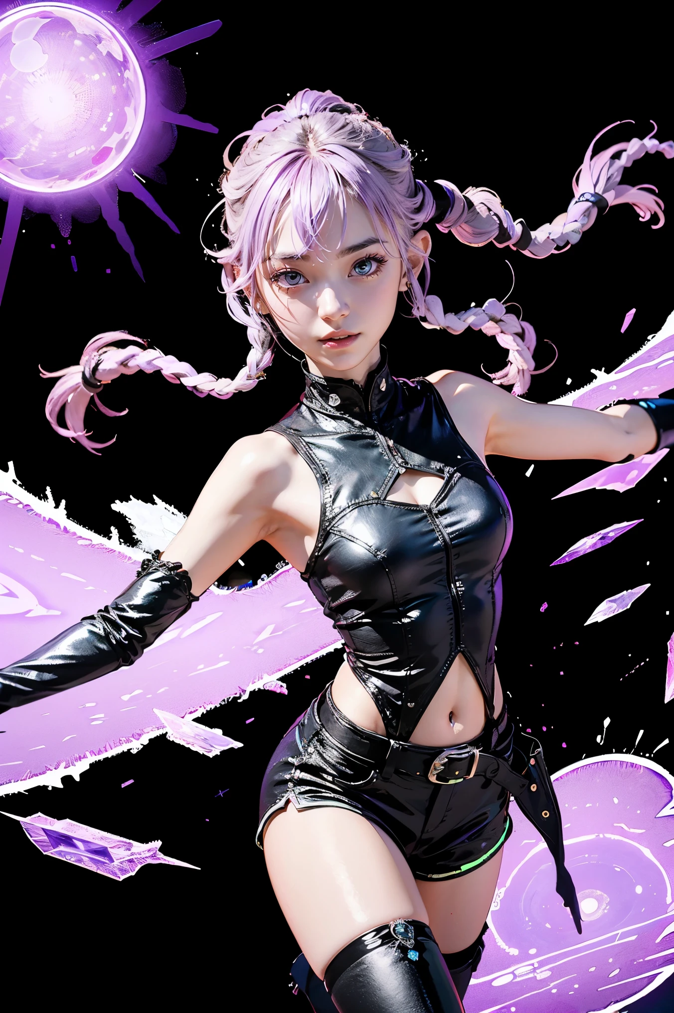 Best Quality, Ultra High Resolution, Cute, (KPOP Idol), (Long Twintail), (Light Purple Hair:1), ((Big Eyes)), Looking at you, BREAK ((upper body:1.3)), Front View,A character with long, flowing silver hair and a slender build, wearing a black and white outfit that includes thigh-high boots and gloves. The character is in a dynamic pose surrounded by ethereal purple crystals and energy, The character is in a dynamic pose surrounded by ethereal purple crystals and energy,A character with long, flowing purple hair, wearing a metallic top and black shorts with thigh-high boots. The outfit includes straps and belts, giving it a futuristic or fantasy style. The character is in a dynamic pose with radiant light or energy surrounding them, set against a minimalistic abstract background,