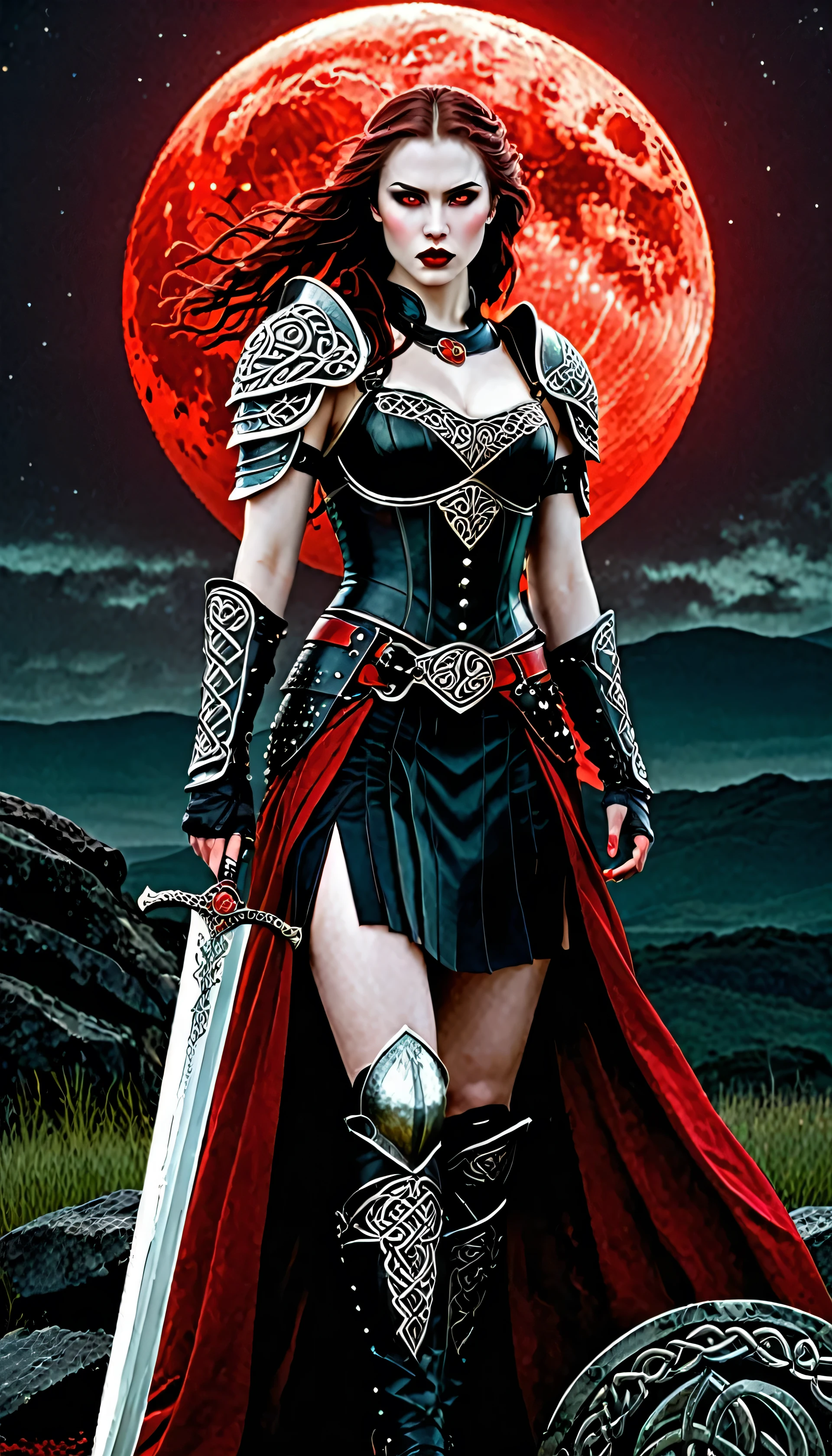 Celtic warrior, sword, wearing leather armored, belts, blood tears, red lips, pale skin, huge red moon in the background, ominous vibe, beautiful color palette, (rough surface:1.2), nature, intricate details, full body, (strong light:1.2),