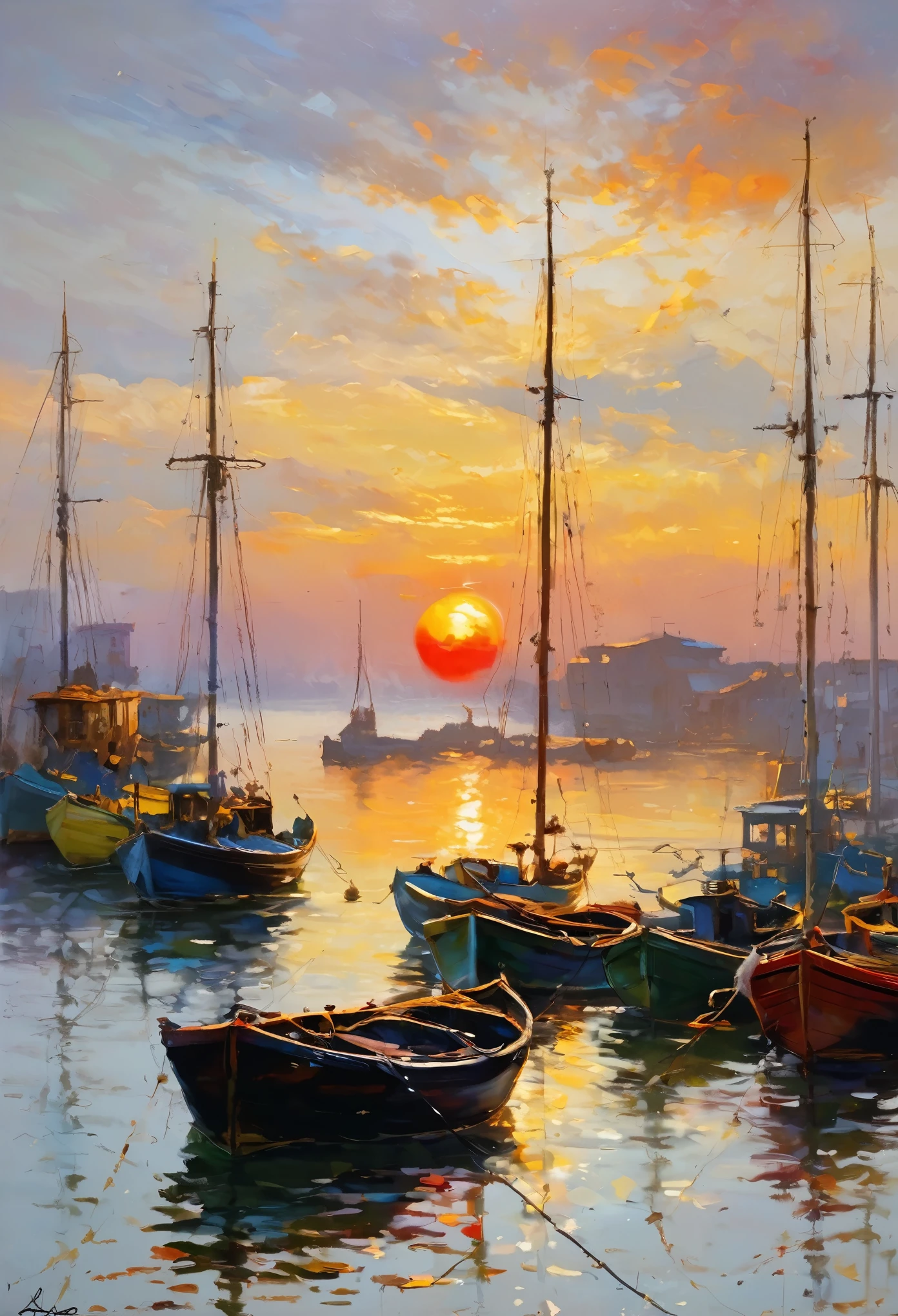 Cozy rooms, 壁に大きなoil, Painter of Light, (((Monet's paintings, Impressionist painting:1.2, oil, Harbour sunrise scenery:0.9, The sea is depicted with bold, improvised brushstrokes、A distant view of the port, completely shrouded in mist, The rising red sun is the accent, A painting that exudes a sense of tranquility with its soft colors and gentle brushstrokes.:1.6))、The focus of the image is on impression、The painting itself is a masterpiece、Impeccable writing、Bold brushstrokes、Impressionist feeling, The mysterious beauty of that moment, The wall on which the painting hangs is decorated with an elegant frame.、Enhances the overall aesthetic appeal。Warm lighting、The elegant combination of rooms creates an enchanting atmosphere.、It invites the viewer to immerse themselves in the serenity and beauty of the depicted moment.。The image is、To truly capture the essence of the painting and its surroundings、Top quality with high resolution and ultra-detailed rendering。The art style is、Emphasis on realistic and photorealistic expression、伝統的なoilの技法を反映。The colors are warm and inviting、Highlight the rich colors of the sunset、Infuse a room with a warm glow。Lighting、Make your painting stand out、Add depth and dimension to the entire scene。