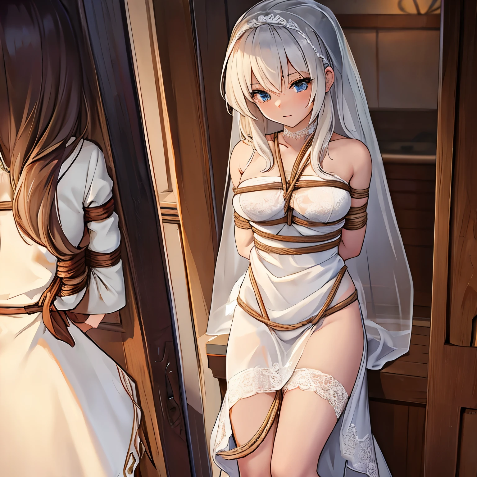  Draw a picture of a bride tied up, Behind her is a female thief tying her up with a rope, bound,Bride Roleplay Costume