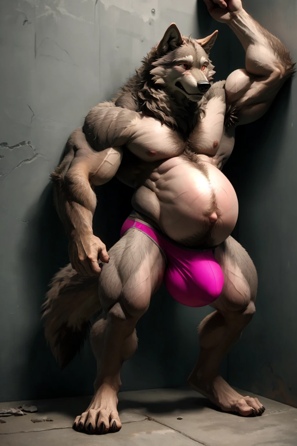 Fluffy brown wolf、Wolf nailed to the wall、Hugely swollen abdomen as if pregnant、A huge, swollen lower abdomen like a balance ball、Upright pose、Pose of surrender、Wolf tied to wall、Sideways pose、Face facing up、Very distressed face、Hairless head、Sharp toenails、Full body wolf fur、Completely naked、非常に巨大に膨らんだ股間のBrown underwear、Abnormally large groin bulge、Brown underwear、Abnormally large muscles、Ruined Background、Concrete Background、Fluffy, long body hair、Long brown hair all over the body、Ruby-colored eyes、Very long and profuse armpit hair、Very long pubic hair、Navel hair、Wolf's Tail、A composition that captures the whole body、Thick and long tongue
