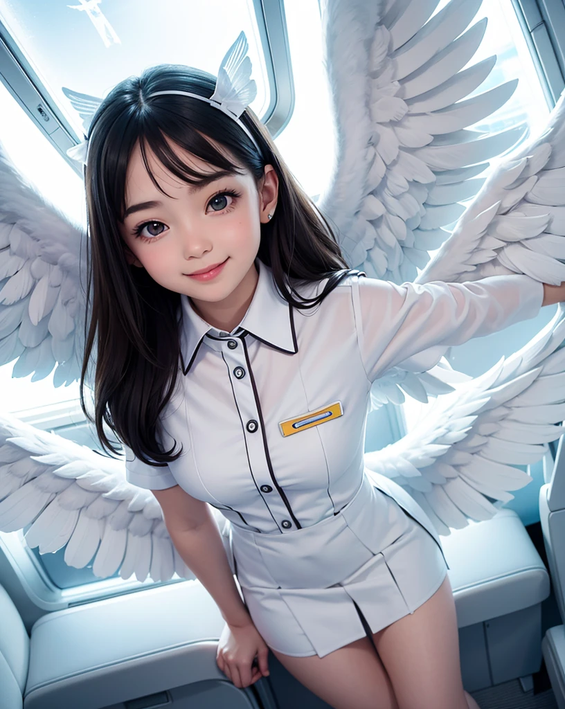 pop art,flat design,
angel girl,cute,tween.ange halo,(big white wings),
(flight attendant uniform),
in the airplane,open window,
dynamic pose,smile,beautiful lighting,photographic portrait, sharp,