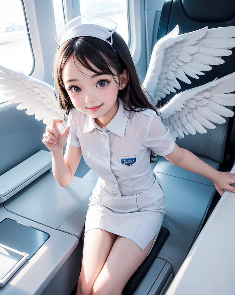 pop art,flat design,
angel girl,cute,tween.ange halo,(big white wings),
(flight attendant uniform),
in the airplane,open window,
dynamic pose,smile,beautiful lighting,photographic portrait, sharp,