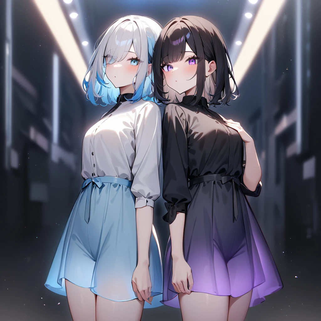{{2girls}},masterpiece,best quality,very aesthetic,absurdres,cowboy shot,lightcolor,darkcolor,light hair,dark hair,White hair,light blue hair,light blue eyes,Lovely,translucent hair,dark purple eyes,headless,(black hair,one eyes),