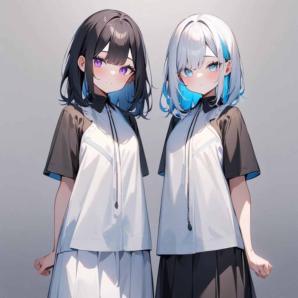 {{2girls}},masterpiece,best quality,very aesthetic,absurdres,cowboy shot,lightcolor,darkcolor,light hair,dark hair,White hair,light  blue hair,light  blue eyes,Lovely,translucent hair,dark purple eyes,headless,(black hair,one eyes),