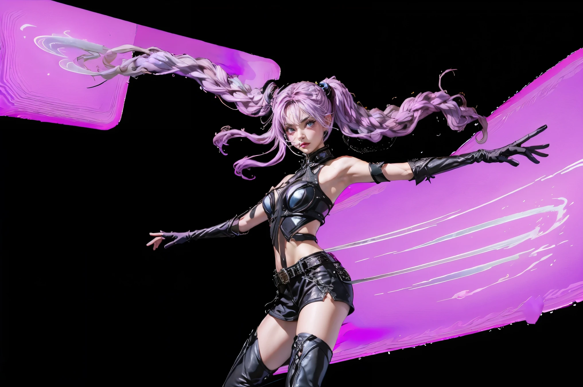 Best Quality, Ultra High Resolution, Cute, (KPOP Idol), (Long Twintail), (Light Purple Hair:1), ((Big Eyes)), Looking at you, BREAK ((upper body:1.3)), Front View,A character with long, flowing silver hair and a slender build, ponytail, wearing a black and white outfit that includes thigh-high boots and gloves. The character is in a dynamic pose surrounded by ethereal purple crystals and energy, The character is in a dynamic pose surrounded by ethereal purple crystals and energy,A character with long, flowing purple hair, wearing a metallic top and black shorts with thigh-high boots. The outfit includes straps and belts, giving it a futuristic or fantasy style. The character is in a dynamic pose with radiant light or energy surrounding them, set against a minimalistic abstract background,