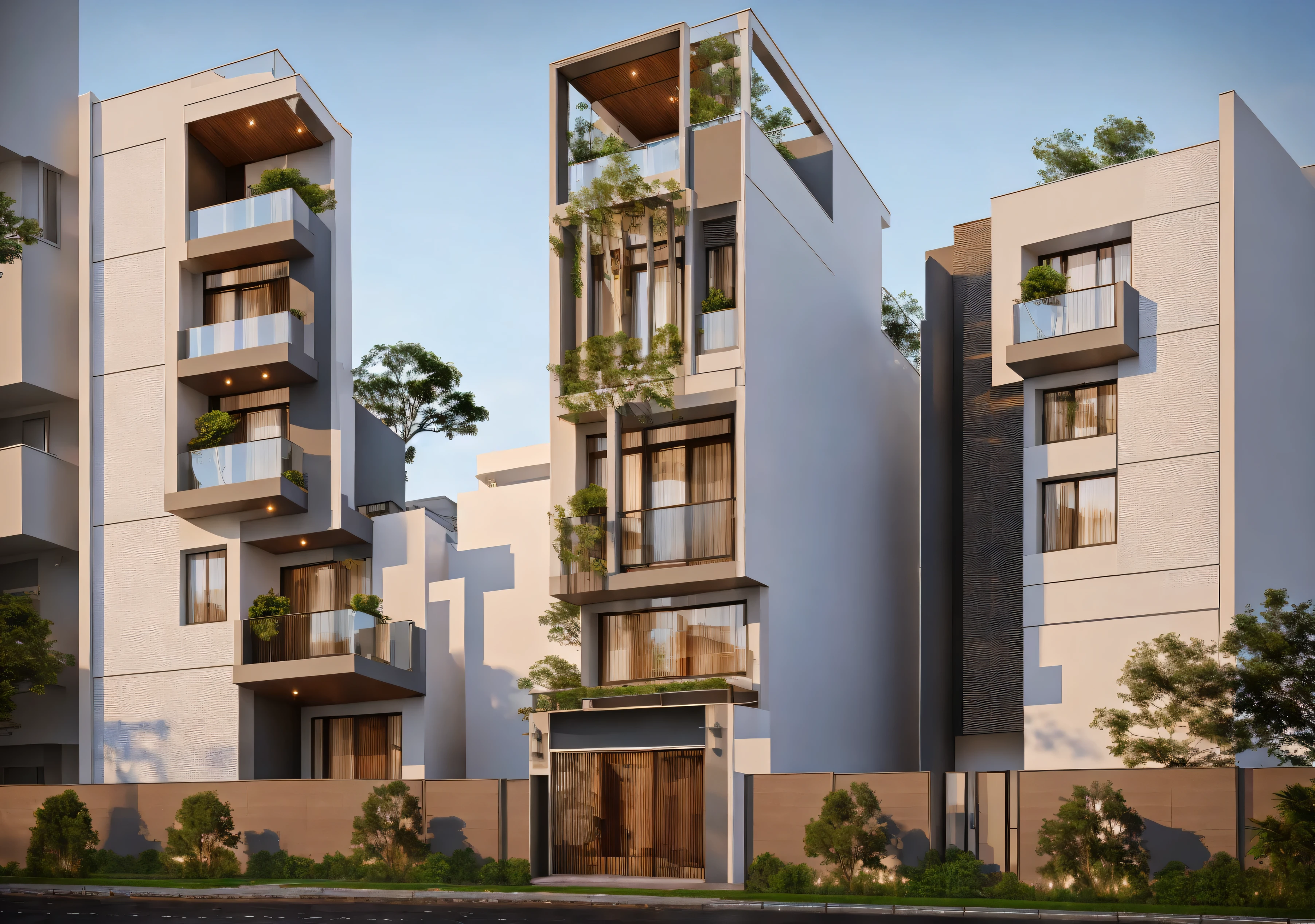 rendering a modern residential townhouse, professional render, wide angle exterior 2023, highly detailed render, high quality rendering, realistic render, architectural render