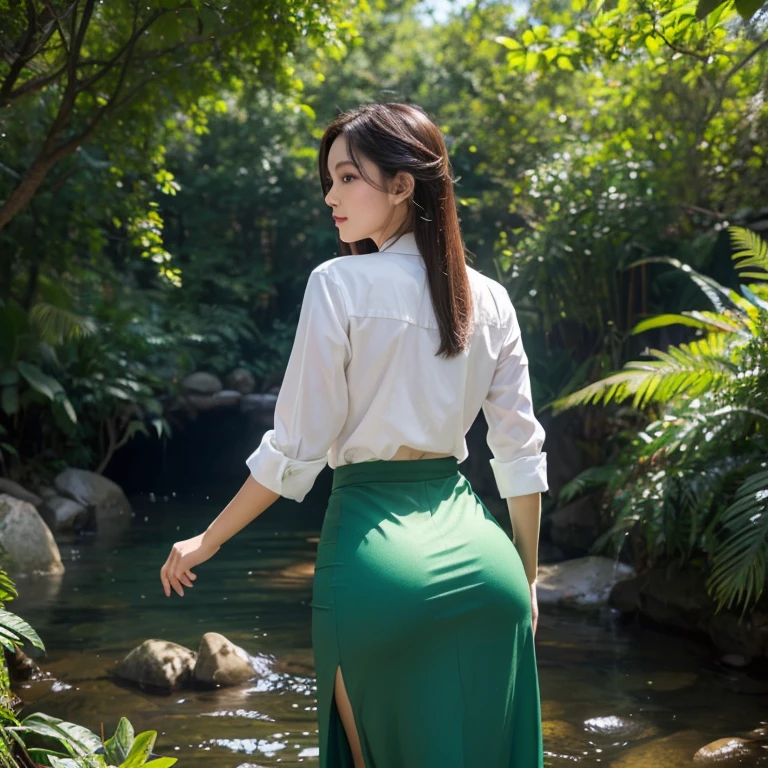 (best quality, 4k, 8k, high-res, masterpiece:1.2), ultra-detailed, (realistic, photorealistic, photo-realistic:1.37), (beautiful detailed, extremely detailed), perfect lighting, vivid colors, ( shiny hair, shiny skin), back shot, from below, standing and looking at the viewer, outdoor background, Burmese girl, tight green long  skirt, Myanmar ,white long hand shirt,emphasize round ass, protruding  round ass ,  