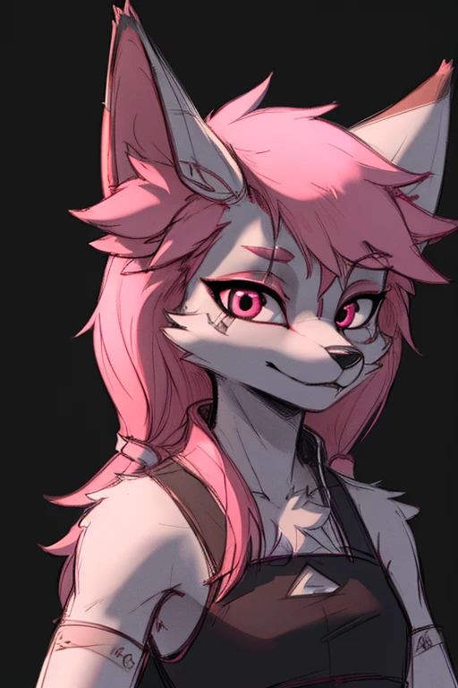 black background,ultra detailed(sketch:1.2),graphite,(monocolour:1.3), solo, furry fox girl,animal ear, looking at viewer, pink eyes