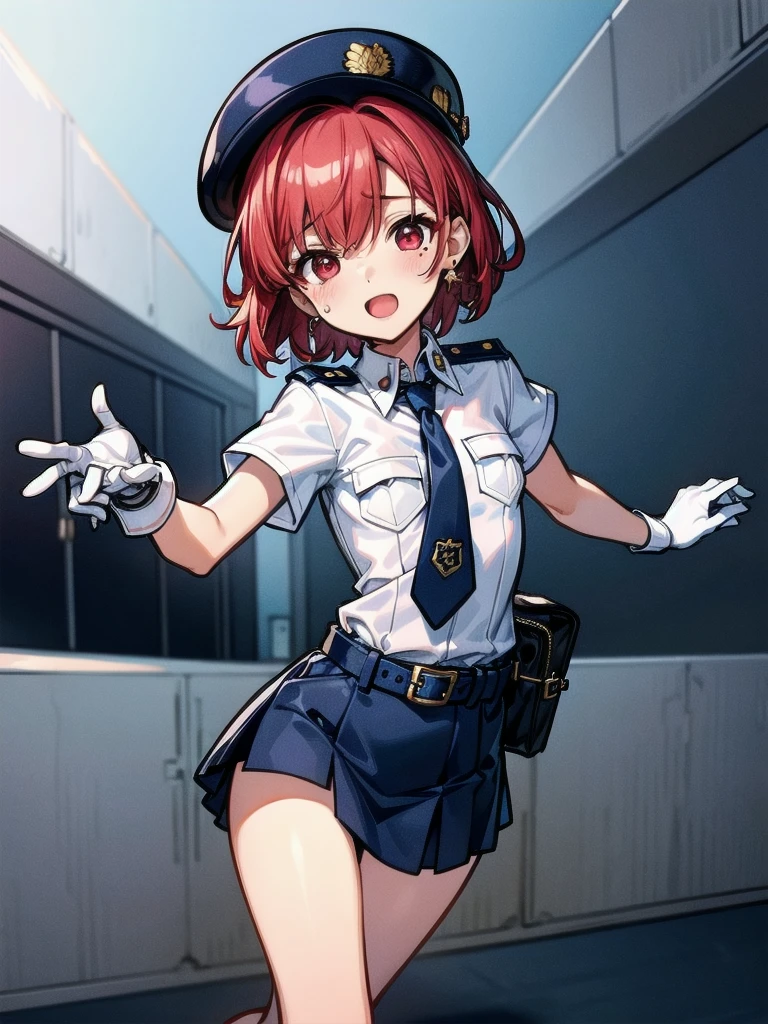 policewoman uniform, light blue short sleeved shirt, navy necktie, high waisted miniskirt, belt, white gloves, police hat, handcuffs, absurdres, RAW photo, extremely delicate and beautiful, masterpiece, Best Quality, ultra high resolution, 32k, hyperrealistic, ultra-detailed, detailed description, pale skin, 20 years old, tearful mole, earring, short medium hair, wavy hair, whole body shot, legs, Redhead, Red eyes, 