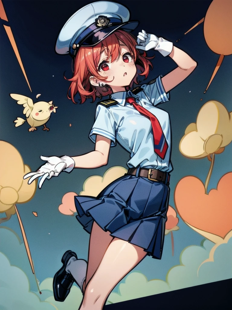 policewoman uniform, light blue short sleeved shirt, navy necktie, high waisted miniskirt, belt, white gloves, police hat, handcuffs, absurdres, RAW photo, extremely delicate and beautiful, masterpiece, Best Quality, ultra high resolution, 32k, hyperrealistic, ultra-detailed, detailed description, pale skin, 20 years old, tearful mole, earring, short medium hair, wavy hair, whole body shot, legs, Redhead, Red eyes, 