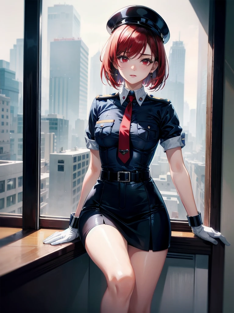 policewoman uniform, light blue short sleeved shirt, navy necktie, high waisted miniskirt, belt, white gloves, police hat, handcuffs, absurdres, RAW photo, extremely delicate and beautiful, masterpiece, Best Quality, ultra high resolution, 32k, hyperrealistic, ultra-detailed, detailed description, pale skin, 20 years old, tearful mole, earring, short medium hair, wavy hair, whole body shot, legs, Redhead, Red eyes,