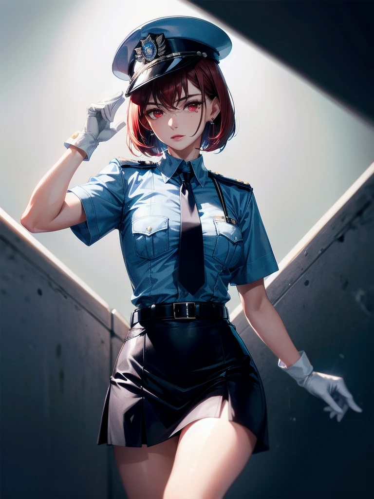 policewoman uniform, light blue short sleeved shirt, navy necktie, high waisted miniskirt, belt, white gloves, police hat, handcuffs, absurdres, RAW photo, extremely delicate and beautiful, masterpiece, Best Quality, ultra high resolution, 32k, hyperrealistic, ultra-detailed, detailed description, pale skin, 20 years old, tearful mole, earring, short medium hair, wavy hair, whole body shot, legs, Redhead, Red eyes,