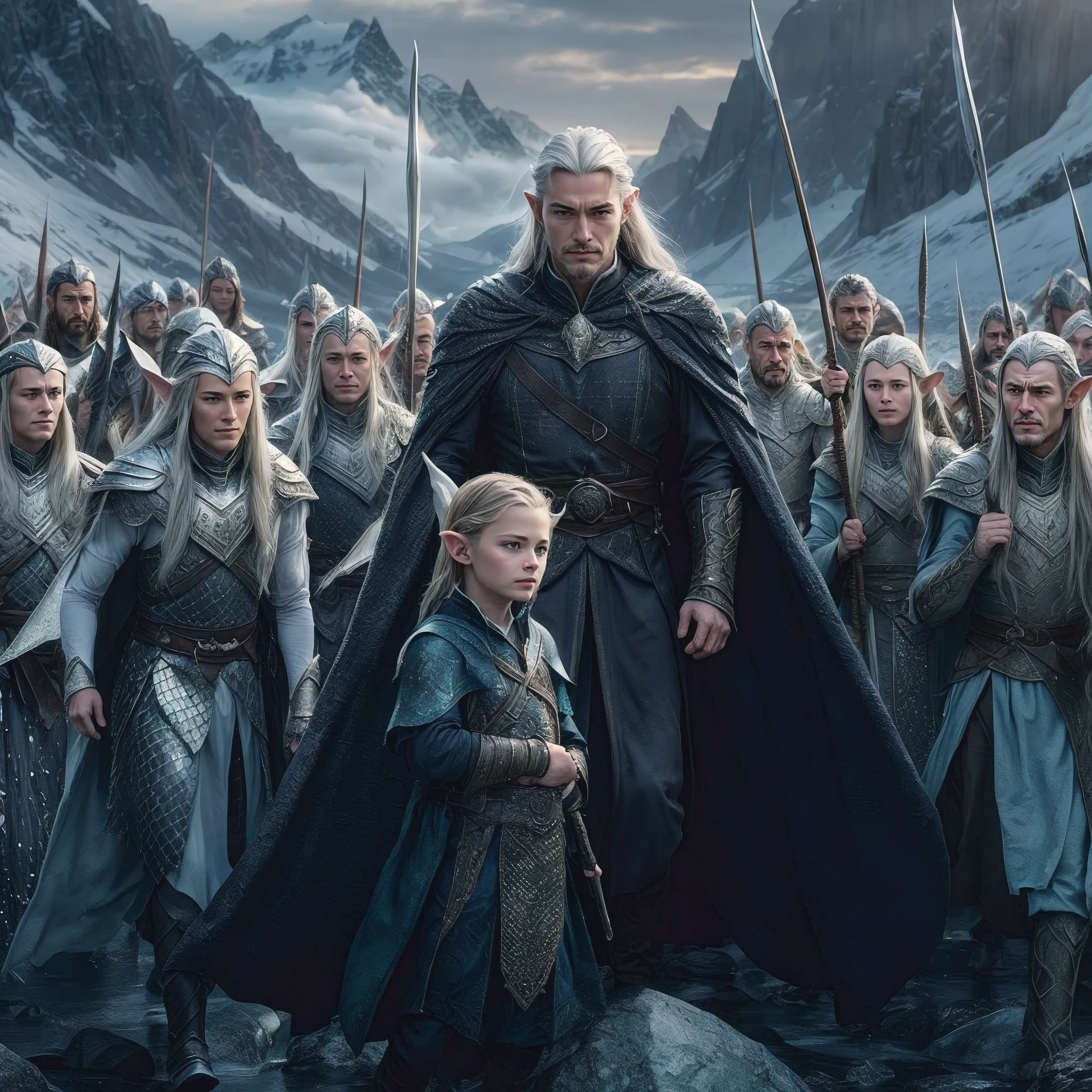 A breathtaking high-quality illustration of the long-awaited encounter between the Noldor and the Mithrim Elves in Middle-earth. Fingolfin, the leader of the Noldor, stands tall and proud, with his silver hair and piercing eyes. The Mithrim Elves, clad in shimmering armor and possessing radiant golden eyes, are seen surrounding Fingolfin. The background reveals the treacherous, icy landscape that the Noldor had crossed, with mountain peaks and a glacial river. The atmosphere is tense, yet hopeful, as the two races unite to face the darkness of Morgoth.