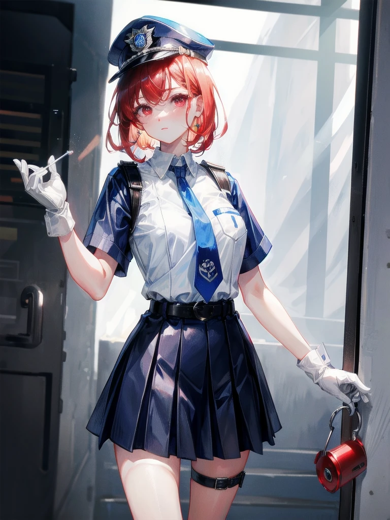 policewoman uniform, light blue short sleeved shirt, navy necktie, high waisted miniskirt, belt, white gloves, police hat, handcuffs, absurdres, RAW photo, extremely delicate and beautiful, masterpiece, Best Quality, ultra high resolution, 32k, hyperrealistic, ultra-detailed, detailed description, pale skin, 20 years old, tearful mole, earring, short medium hair, wavy hair, whole body shot, legs, Redhead, Red eyes,