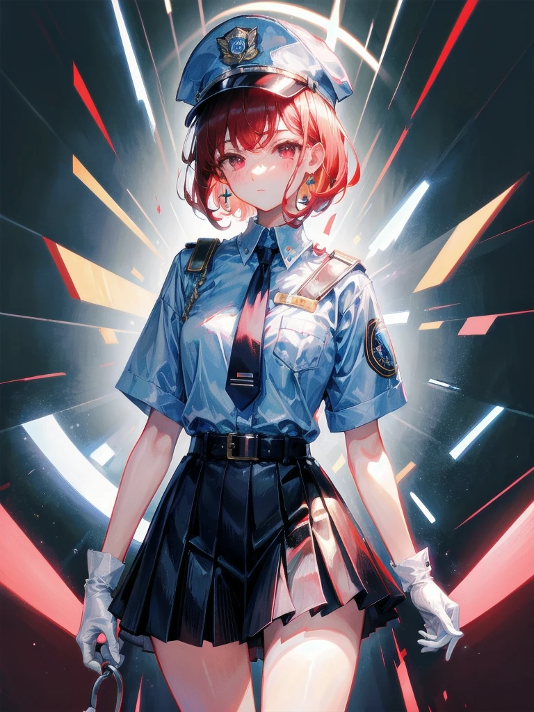 policewoman uniform, light blue short sleeved shirt, navy necktie, high waisted miniskirt, belt, white gloves, police hat, handcuffs, absurdres, RAW photo, extremely delicate and beautiful, masterpiece, Best Quality, ultra high resolution, 32k, hyperrealistic, ultra-detailed, detailed description, pale skin, 20 years old, tearful mole, earring, short medium hair, wavy hair, whole body shot, legs, Redhead, Red eyes, 