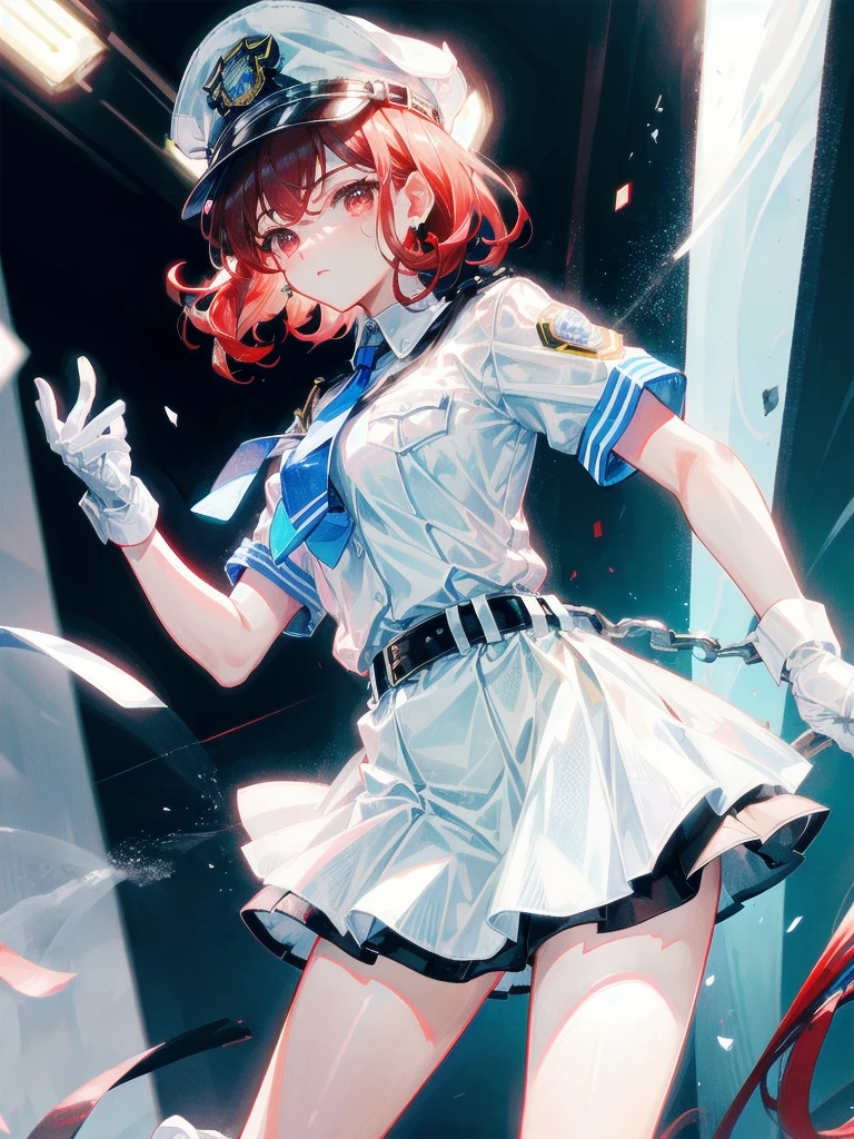 policewoman uniform, light blue short sleeved shirt, navy necktie, high waisted miniskirt, belt, white gloves, police hat, handcuffs, absurdres, RAW photo, extremely delicate and beautiful, masterpiece, Best Quality, ultra high resolution, 32k, hyperrealistic, ultra-detailed, detailed description, pale skin, 20 years old, tearful mole, earring, short medium hair, wavy hair, whole body shot, legs, Redhead, Red eyes,