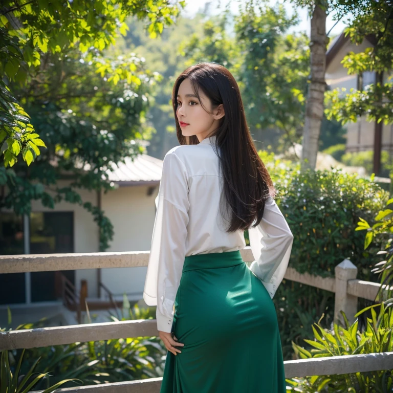 (best quality, 4k, 8k, high-res, masterpiece:1.2), ultra-detailed, (realistic, photorealistic, photo-realistic:1.37), (beautiful detailed, extremely detailed), perfect lighting, vivid colors, ( shiny hair, shiny skin), back shot, from below, standing and looking at the viewer, outdoor background, Burmese girl, tight green long  skirt, Myanmar ,white long hand shirt,emphasize round , protruding  round  ,  