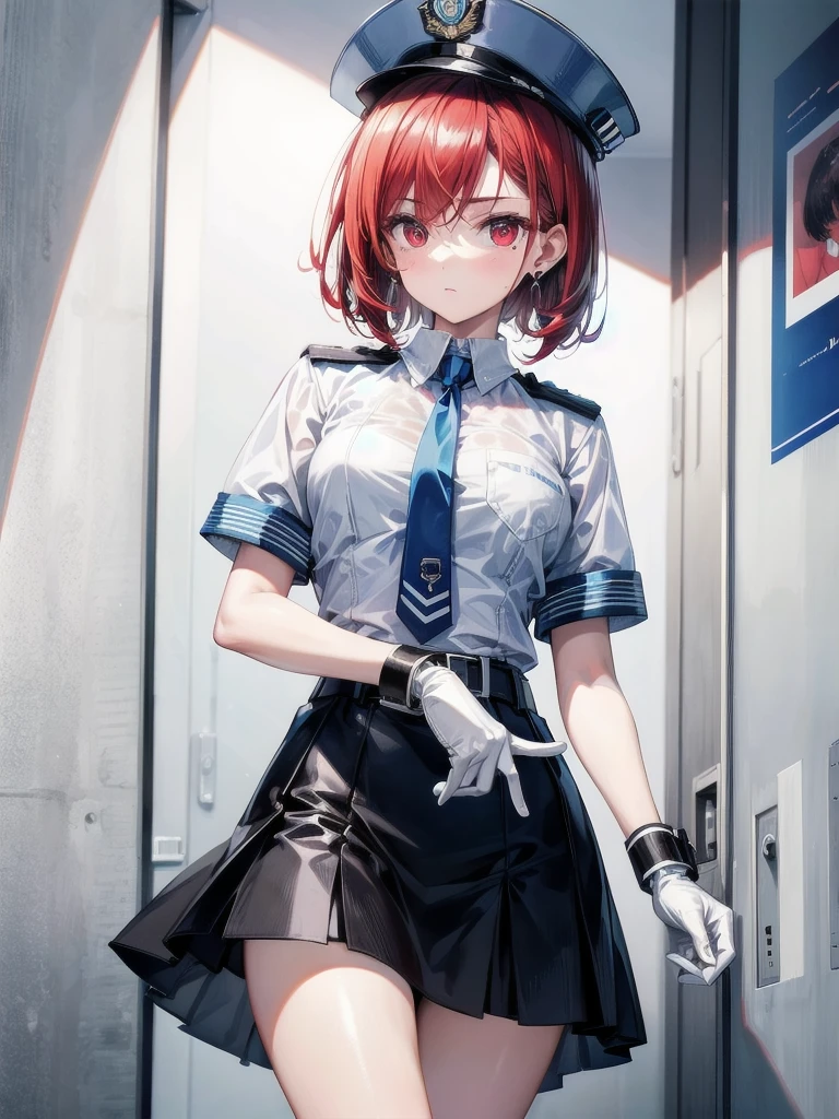 policewoman uniform, light blue short sleeved shirt, navy necktie, high waisted miniskirt, belt, white gloves, police hat, handcuffs, absurdres, RAW photo, extremely delicate and beautiful, masterpiece, Best Quality, ultra high resolution, 32k, hyperrealistic, ultra-detailed, detailed description, pale skin, 20 years old, tearful mole, earring, short medium hair, wavy hair, whole body shot, legs, Redhead, Red eyes, 