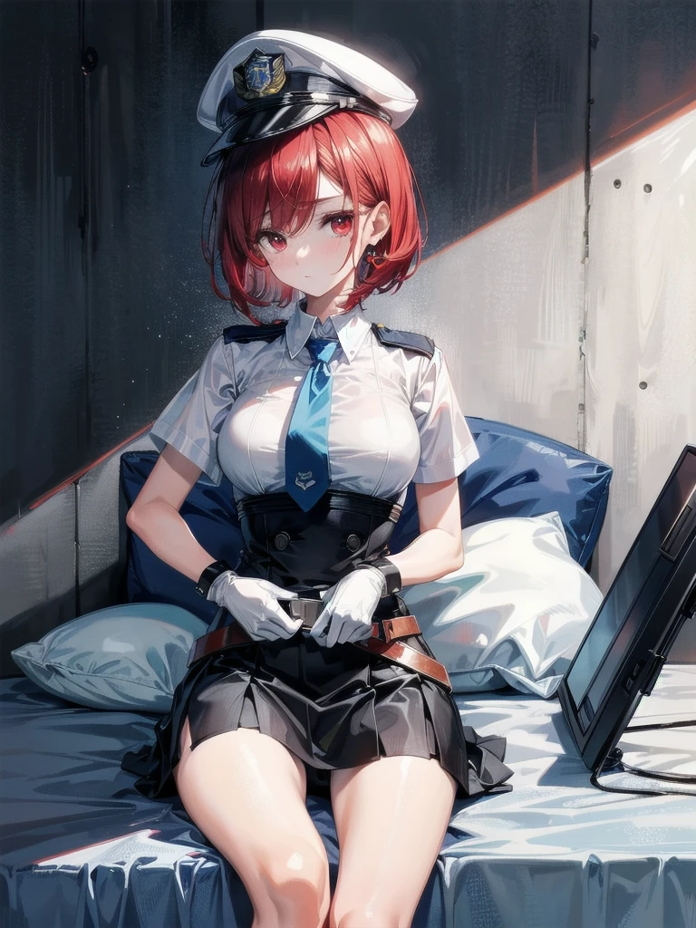 policewoman uniform, light blue short sleeved shirt, navy necktie, high waisted miniskirt, belt, white gloves, police hat, handcuffs, absurdres, RAW photo, extremely delicate and beautiful, masterpiece, Best Quality, ultra high resolution, 32k, hyperrealistic, ultra-detailed, detailed description, pale skin, 20 years old, tearful mole, earring, short medium hair, wavy hair, whole body shot, legs, Redhead, Red eyes,
