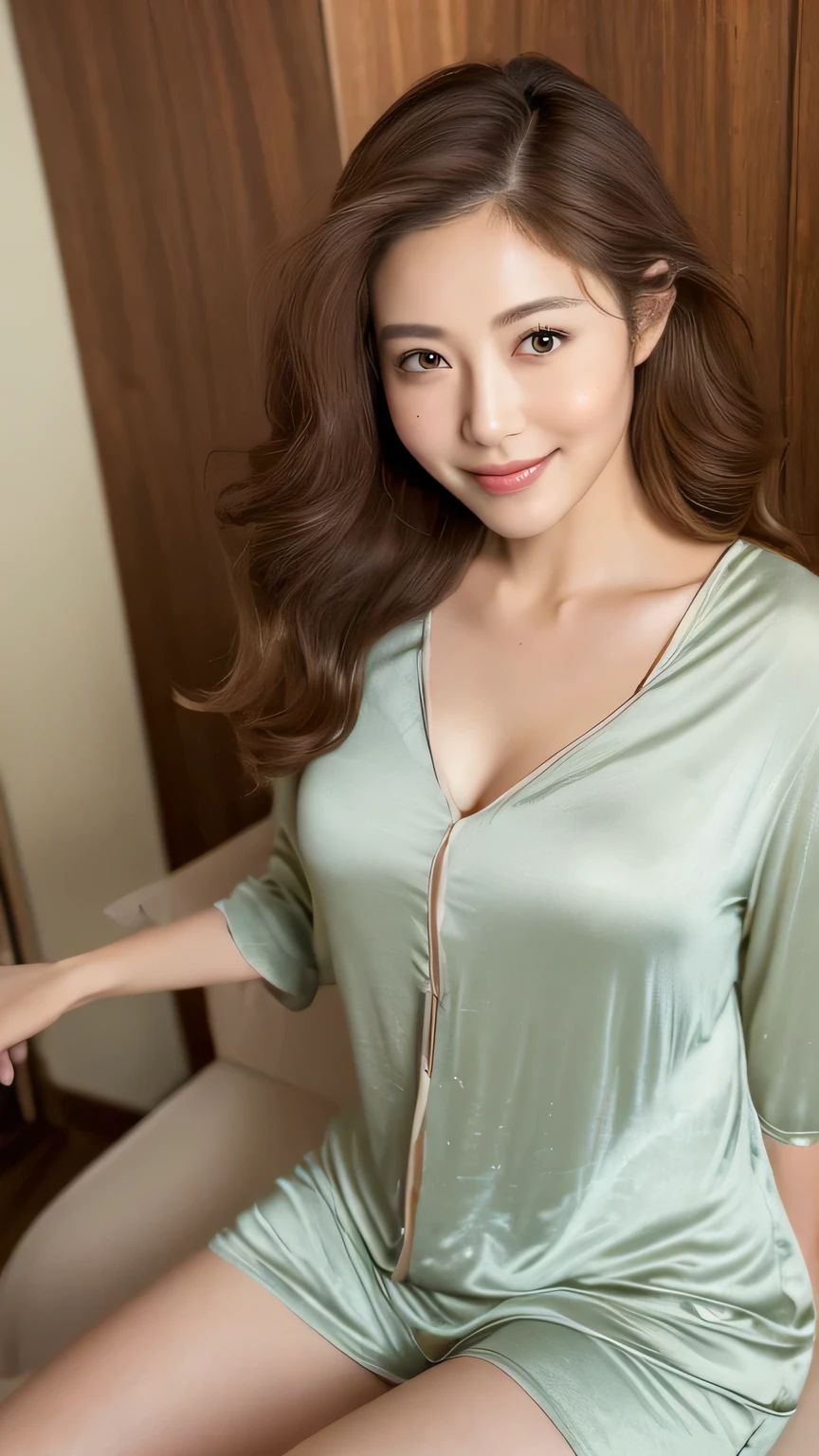 ((highest quality, 8k, masterpiece: 1.3)), 1 female, Japanese Mature,Sensual beauty: 1.3, (Hair style Brown hair Medium wave, big: 1.2), Relaxed nightwear: 1.1, Super slender face, Delicate eyes, double eyelid, Dimples,Mole, Home,smile,Plump body,very thick legs,Cowboy shot from above,