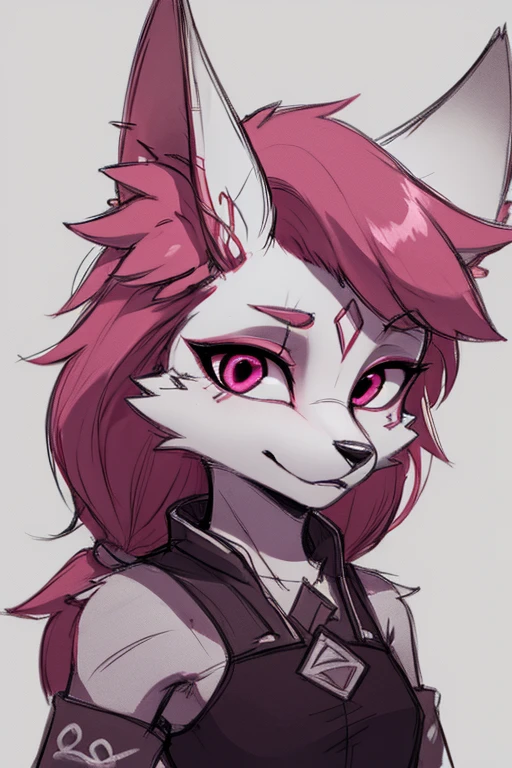 black background,ultra detailed(sketch:1.2),graphite,(monocolour:1.3), solo, furry fox girl,animal ear, looking at viewer, pink eyes
