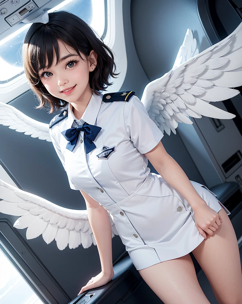 pop art,flat design,
angel girl,cute,tween,ange halo,navy wavy short hair,(big white wings),
(flight attendant uniform),
in the airplane,open door,
dynamic angle,nihilistic smile,beautiful lighting,photographic portrait, sharp,