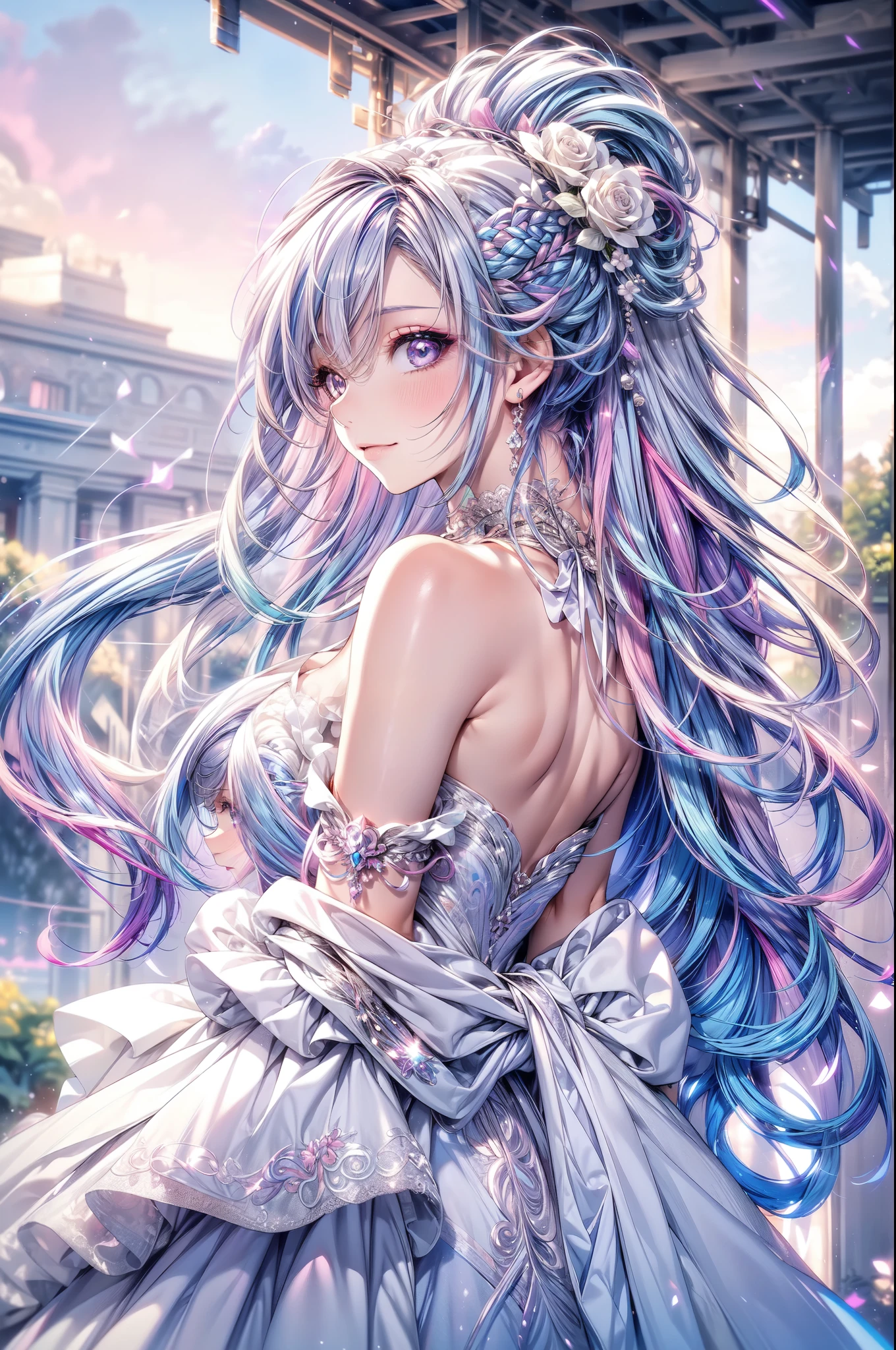 (masterpiece, best quality, beautiful and aesthetic:1.3), look back, side view, 1girl, solo, light smile, (Silver blue hair streaked pink purple:1.4), (Gradient sky blue hair ends:1.6), hair strand, absurdly long hair, single sidelock, wavy hair, shiny hair, floating hair, (deep purple eyes), delicate eyes, aqua eyes, super high detailed eyes, long upper eyelashes, makeup, Focus on face, Very detailed facial, Pretty Face, Perfect breasts, hot body, (Delicate skin texture:1.2), bridal veil, lace-trimmed dress, see-through, wedding dress, outdoors, white roses, garden, morning, standing, extreme detailed,