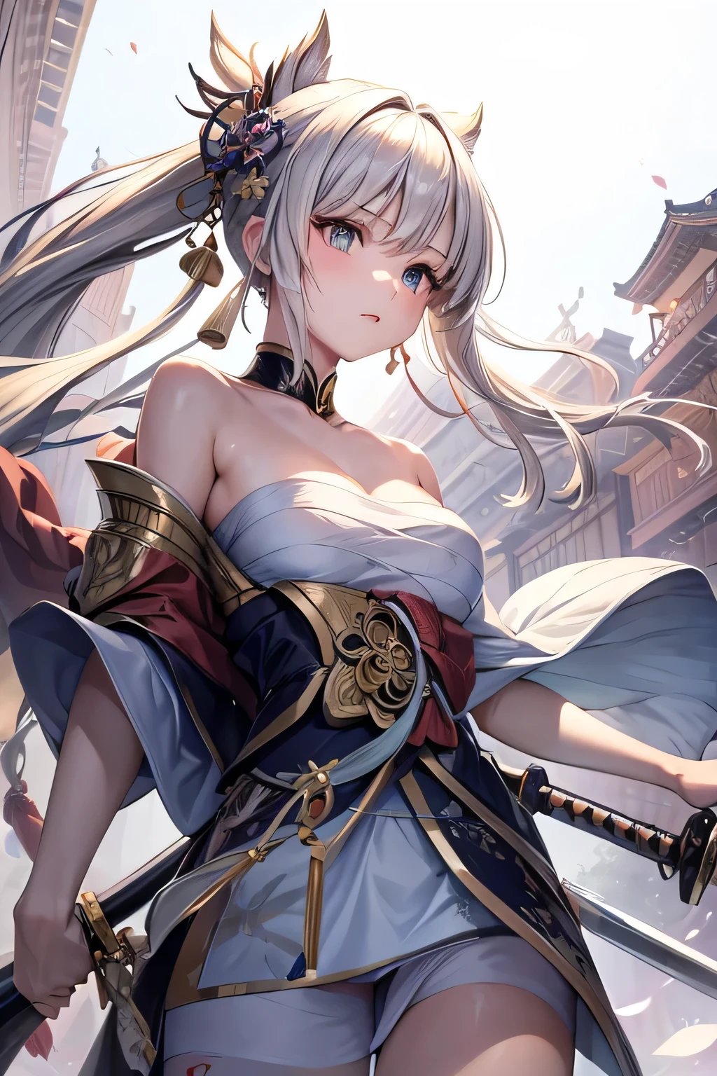 (masterpiece, best quality, dutch angle)(1girl, solo)(white hair,Lapis Lazuli Eyes,Straight long hair)(sarashi,japanese clothes,one shoulder、Wear one kimono:1.4、Long length kimono、One shoulder exposed)(Serious expression, Woman holding a sword:1.3、floating hair)(Japan Mansion、Mystical Night、Particles of light float around the woman、Fantastic atmosphere)