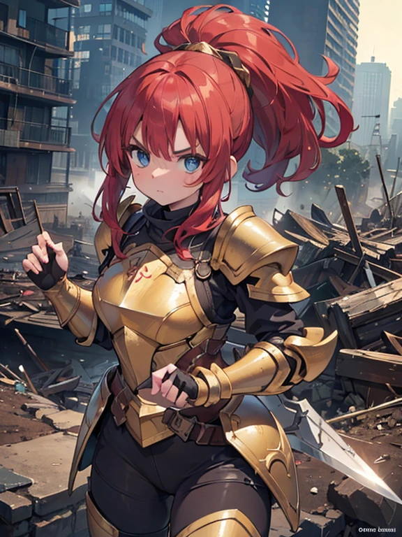 (8k, highest quality, Tabletop:1.2)、Ultra-high resolution, End of the century worldview, One 22-year-old girl, Perfect Fingers, Detailed face, Serious face, blue eyes, Red hair, ponytail, Gold Armor, Gauntlet, Long tights, Leggers, In the ruined city, The dust rises, dim, carry a sword on one&#39;s waist, Arms crossed, upright