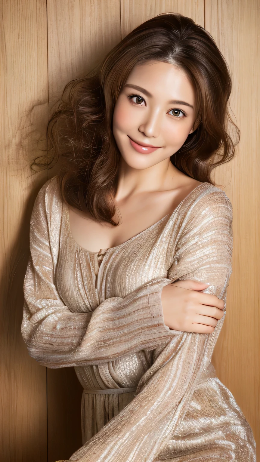 ((highest quality, 8k, masterpiece: 1.3)), 1 female, Japanese Mature,Sensual beauty: 1.3, (Hair style Brown hair Medium wave, big: 1.2), Nightwear: 1.1, Super slender face, Delicate eyes, double eyelid, smile,Dimples,Mole, Home,Plump body,very thick legs,Cowboys photographed from above,