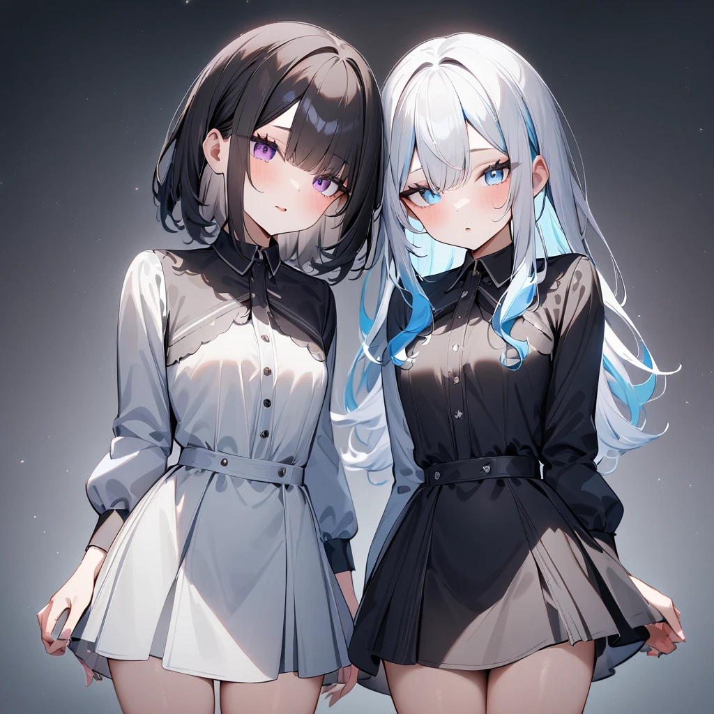{{2girls}},masterpiece,best quality,very aesthetic,absurdres,cowboy shot,lightcolor,darkcolor,light hair,dark hair,White hair,light blue hair,light blue eyes,Lovely,translucent hair,dark purple eyes,headless,(black hair,one eyes),hair one eyes