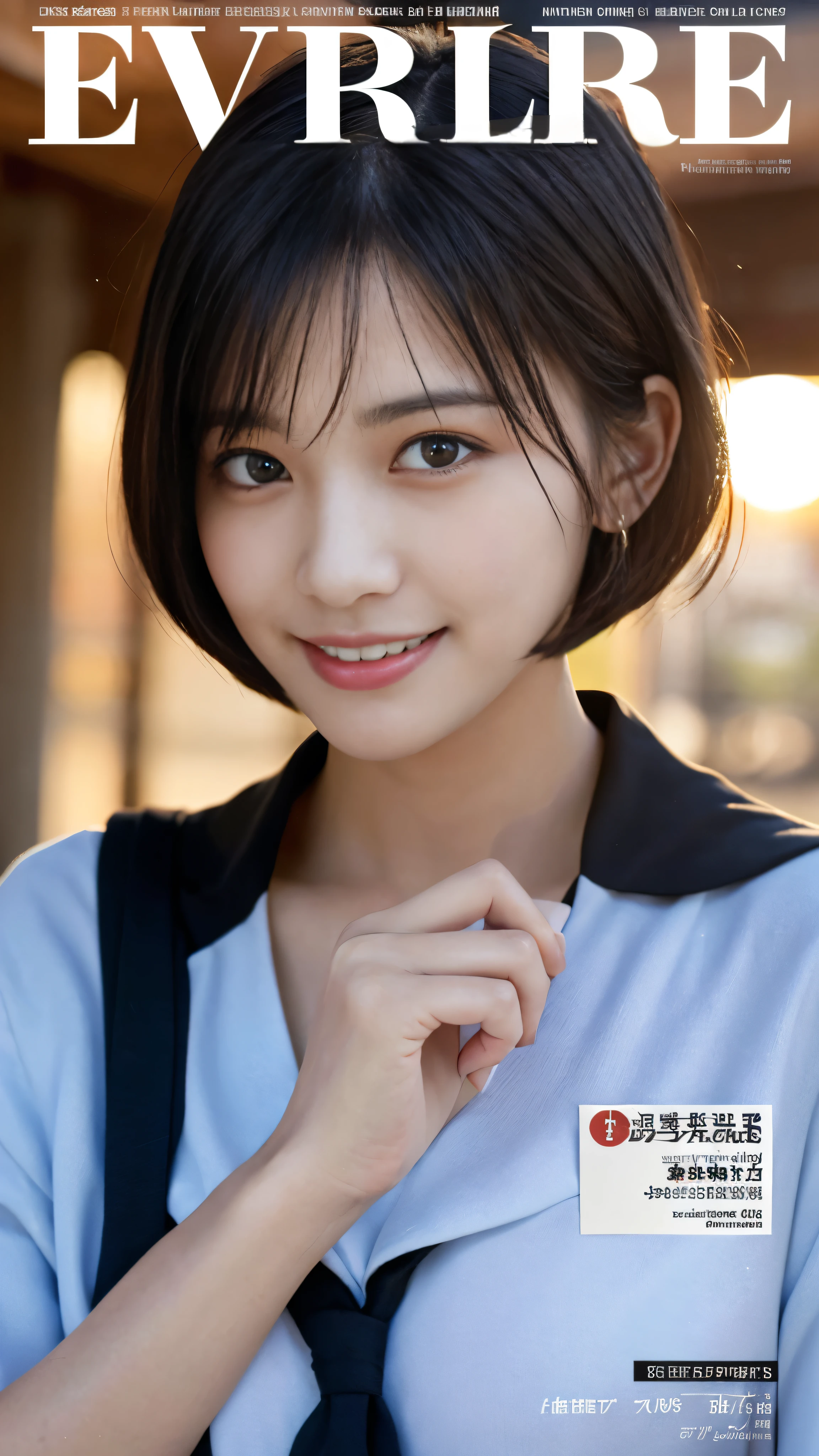 Magazines displaying college entrance examinations with excited expressions of candidates, meticulously detailed illustrations, high-resolution images showcasing each candidate's book-filled hands and concerned, yet determined faces, capturing the essence of the moment under the warm, natural soft light of the setting sun above the school buildings and grounds, a raw, photorealistic, top-quality 8K masterpiece, evoking a sense of anticipation and nervousness, a single eyelid, black hair styled in a short bob, the magazine cover adorned with a bust-up shot of a candidate looking directly at the camera, flashing a hopeful, genuine smile.