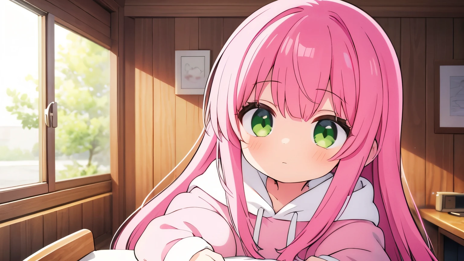 A girl with long pink hair and green eyes wearing a pink hoodie is sleeping on a chair in a lodge