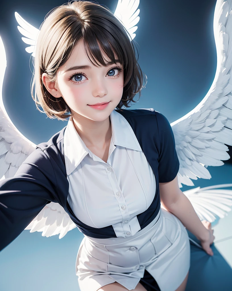 pop art,flat design,
angel girl,cute,tween,ange halo,navy wavy short hair,(big white wings),
(flight attendant uniform),
in heaven,
dynamic angle,nihilistic smile,beautiful lighting,photographic portrait, sharp,