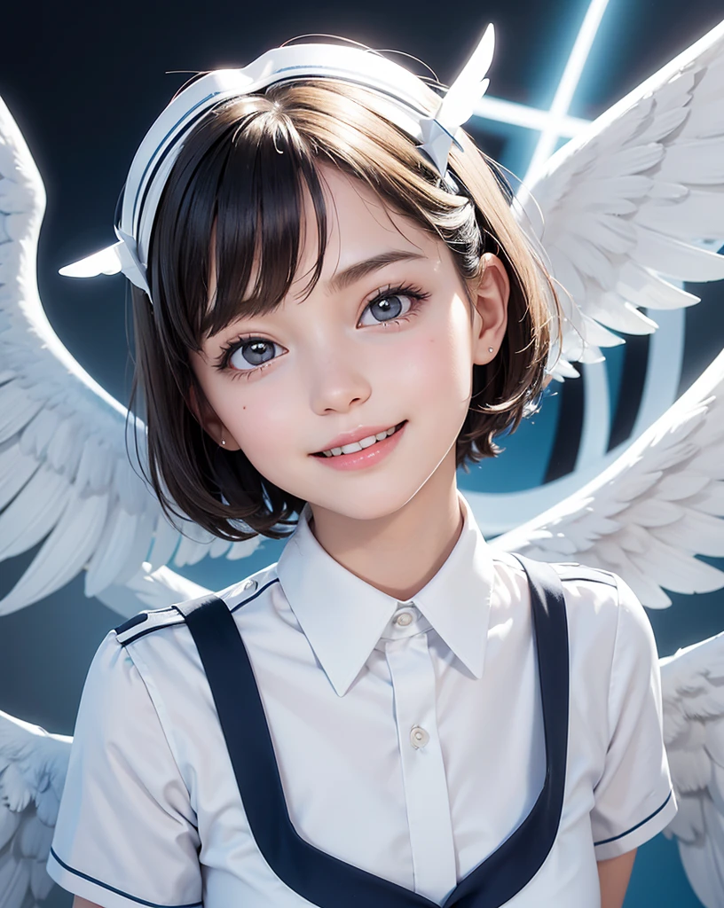 pop art,flat design,
angel girl,cute,tween,ange halo,navy wavy short hair,(big white wings),
(flight attendant uniform),
in heaven,
dynamic angle,nihilistic smile,beautiful lighting,photographic portrait, sharp,