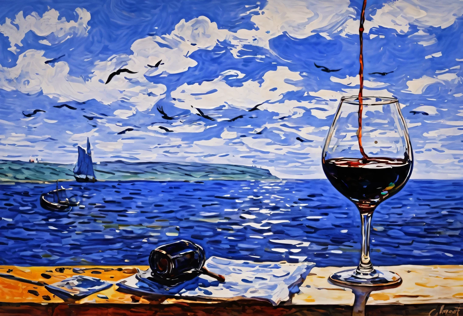 Claude Monet painting, Glasses, ink, alcohol, raven, landscape, art, asceticism, full compliance with the style of Claude Monet