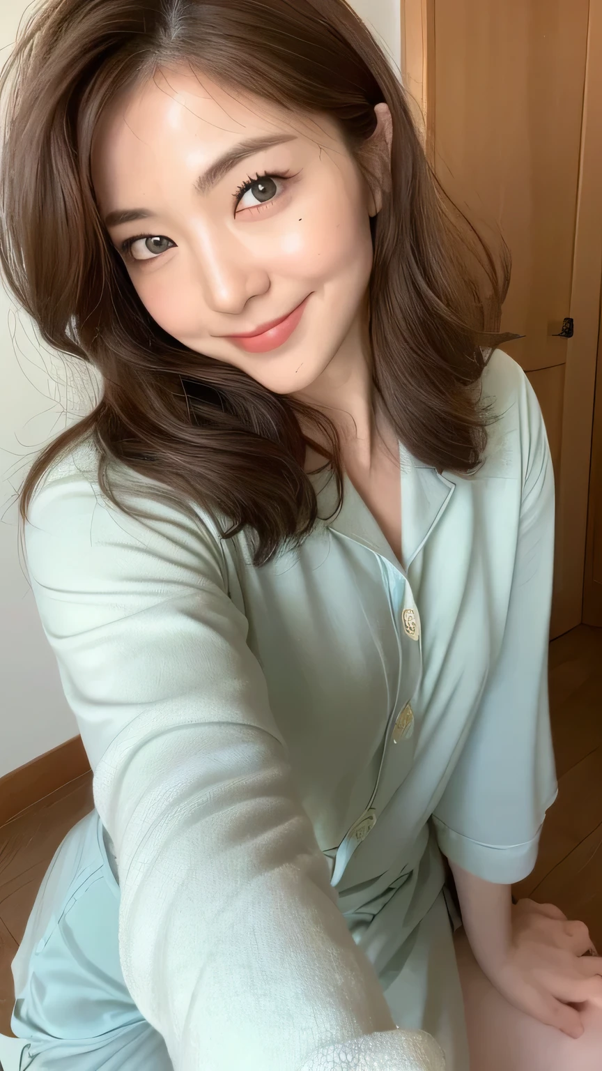 ((highest quality, 8k, masterpiece: 1.3)), 1 female, Japanese Mature,Sensual beauty: 1.3, (Hair style Brown hair Medium wave, big: 1.2), Nightwear: 1.1, Super slender face, Delicate eyes, double eyelid, Dimples,Mole, Home,smile,Plump body,very thick legs,Cowboy shot from above,