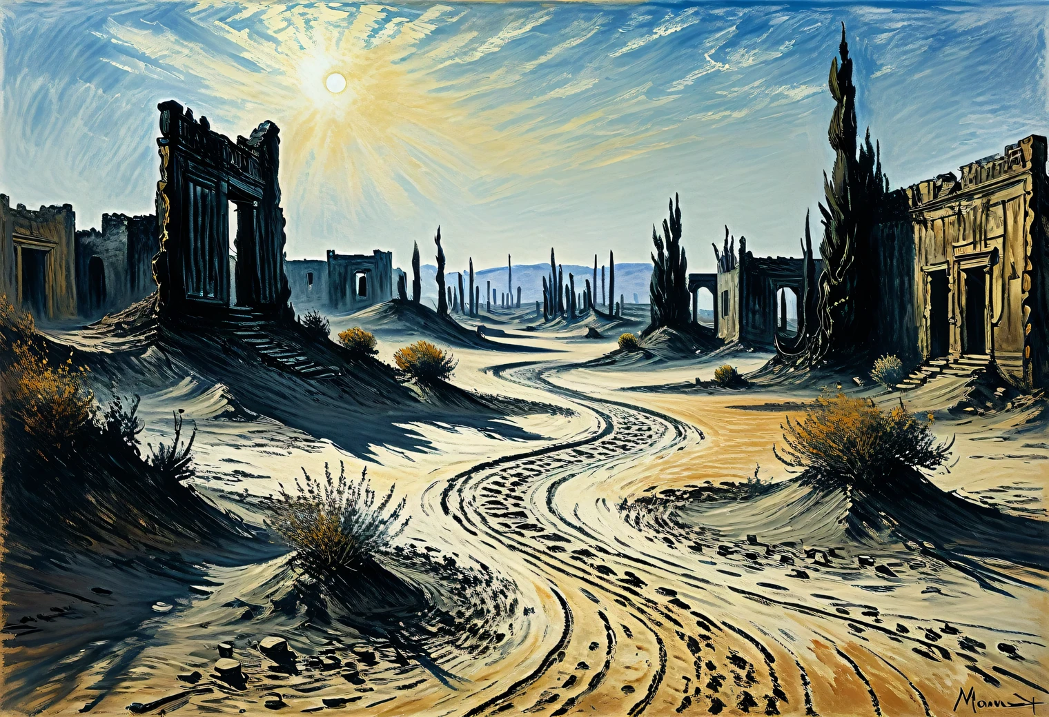 Painting by Claude Monet, Desert, sand, ruins, dryness, mirage, heat, antiquity, mystery, minimalism, charcoal, clarity, modern art, in detail, avant-garde, illusion, surrealism, volume, full compliance with the style of Claude Monet