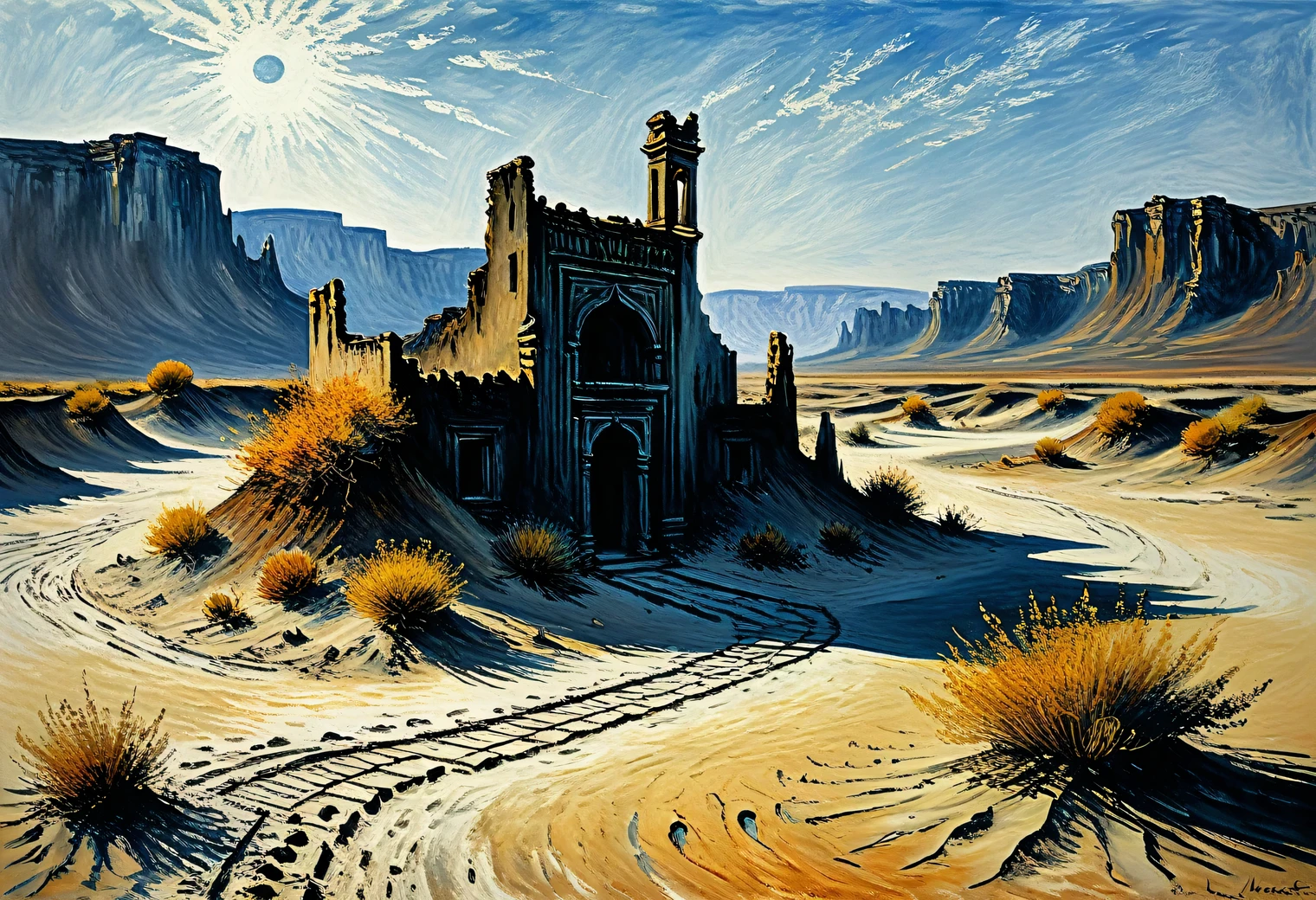 Painting by Claude Monet, Desert, sand, ruins, dryness, mirage, heat, antiquity, mystery, minimalism, charcoal, clarity, modern art, in detail, avant-garde, illusion, surrealism, volume, full compliance with the style of Claude Monet