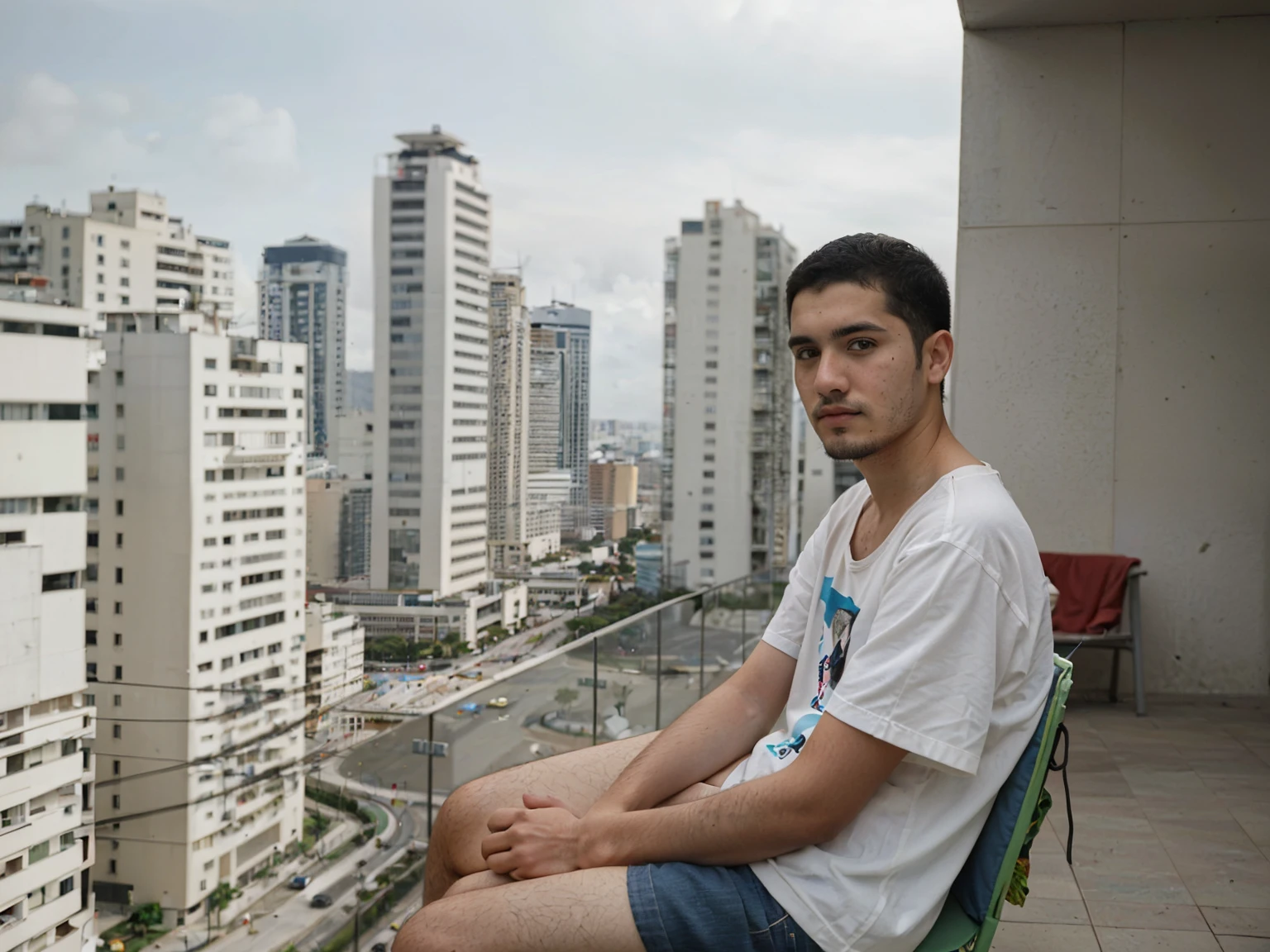 hyper-realistic candid photo of a 24-year-old man, Havaiano nativo, delgado, skyscraper, analog style, Obra de arte, Rezar, cabelo curto, roupa de marca