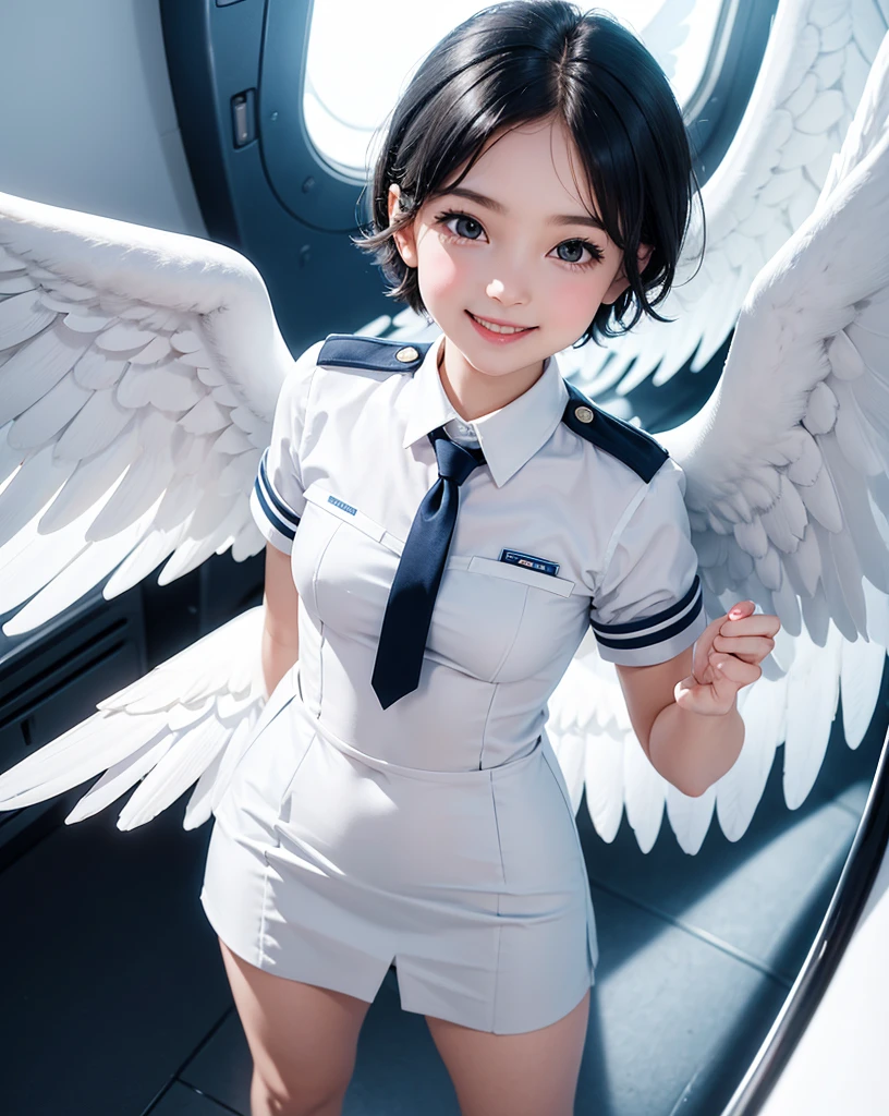 pop art,flat design,
angel girl,cute,tween,ange halo,navy wavy short hair,(big white wings),
(flight attendant uniform),
in eden,
dynamic angle,nihilistic smile,beautiful lighting,photographic portrait, sharp,