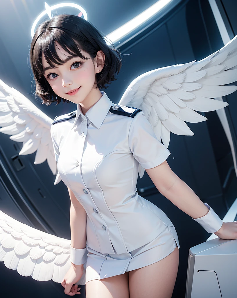 pop art,flat design,
angel girl,cute,tween,ange halo,navy wavy short hair,(big white wings),
(flight attendant uniform),
in eden,
dynamic angle,nihilistic smile,beautiful lighting,photographic portrait, sharp,