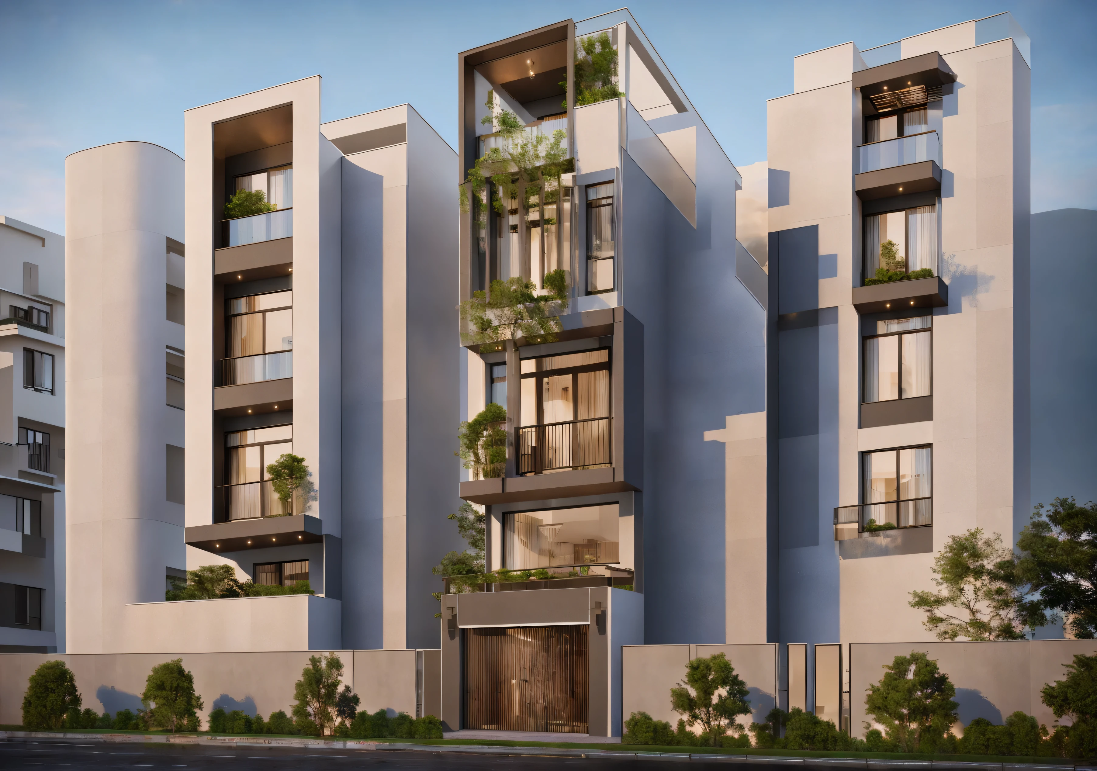 rendering a modern residential townhouse, professional render, wide angle exterior 2023, highly detailed render, high quality rendering, realistic render, architectural render