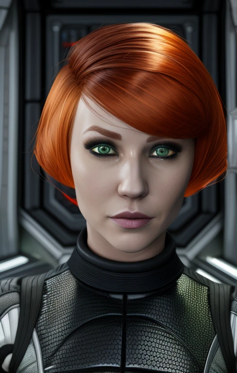 kelly, short hair, orange hair, green eyes, 
white and black bodysuit, short hair,  
standing,   upper body,   looking at viewer, 
space ship, indoors,  
(insanely detailed, beautiful detailed face,beautiful detailed eyes, masterpiece, best quality),
 